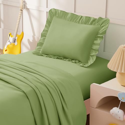 Image of KKJIAF 3 Piece Toddler Sheet Set Microfiber, Includes a Flat Sheet, a Fitted Sheet and a Ruffle Pillowcase, Sage Green
