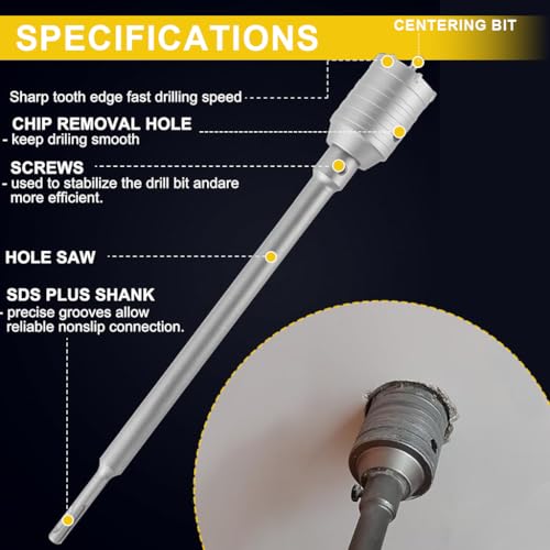 Image of Serplex Concrete Hole Saw Set Carbide Core Drill Bit Kit for Brick, Cement, Stone, Wall Drilling - Hole Cutter Set with 30mm, 40mm, 50mm Bits, 220mm SDS Plus Shank and Center Drill