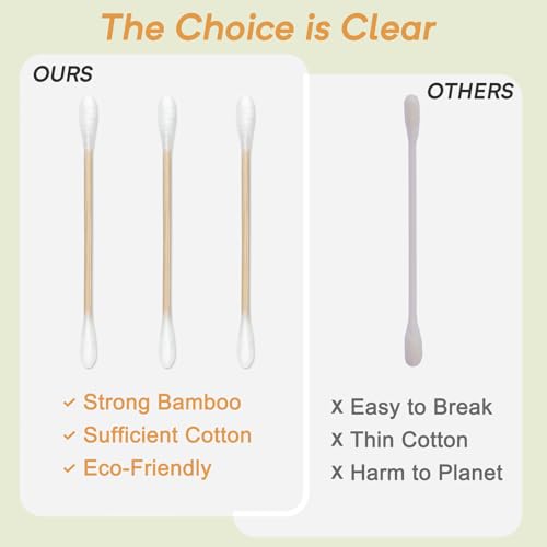 Image of Bamboo Cotton Swabs, Soft Lint-Free Double Tips, 1000 Count Storage Box | Rounded Tips Feel Gentle For Outer Ear Care, Face Cleaning, Skincare, Daily Touch-ups