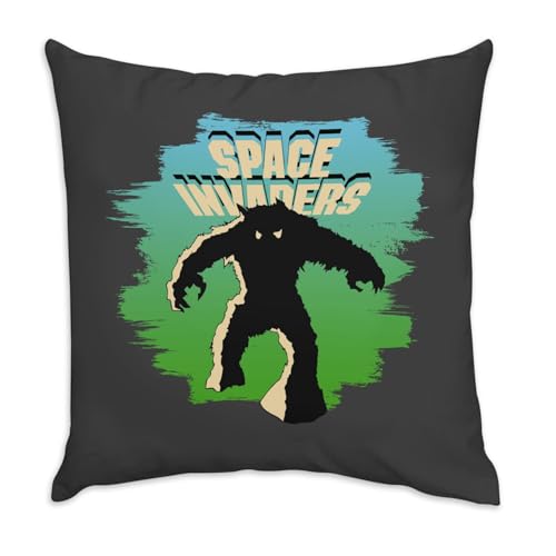 Fabulous Black Velvet Cushion - Invader Alien - Video Games - Retro Classic Arcade - 40 x 40 cm - Velvet Feel - Cover and Cushion Included