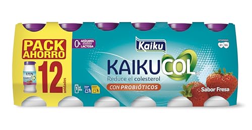 KAIKU KAIKUCOL ZERO - Sabor Fresa Pack 12 x 65 ml, Yogur Bebible, Ayuda a Reducir el Colesterol, con Probióticos y Vitamina B1, sin Azúcares Añadidos, sin Gluten, Listo para Tomar