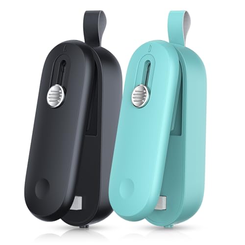 FEPPO 2 Pack Bag Sealer, Mini Bag Sealer 2 in 1 Handheld Chip Bag Sealer Heat Seal and Cutter with Lanyard, Portable Resealer for Snacks Plastic Bag F