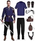 8 Pcs Men's Renaissance Costume Halloween Medieval Pirate Shirt Pant Viking Costume Accessories Set (Trendy Color, Medium)