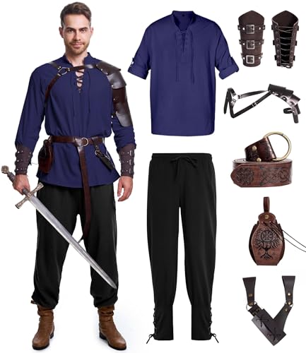 8 Pcs Men's Renaissance Costume Halloween Medieval Pirate Shirt Pant Viking Costume Accessories Set...