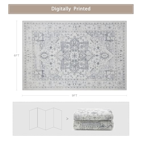 Area Rug 6x9 Washable Area Rugs for Living Room- Ultra Soft Non-Shedding Faux Wool Bedroom Rug Large Grey Vintage Print Rugs with Non Slip Rubber- Indoor Retro Foldable Carpet for Dining Room