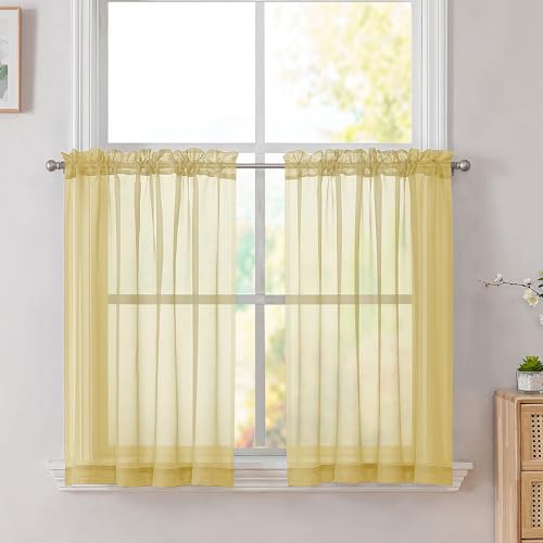 Image of Simplebrand Yellow Short Sheer Kitchen Cafe Curtains 36 x 42 Inch, 2 Panels - Tier Curtains Rod Pocket Drapes for Bathroom, Small Windows