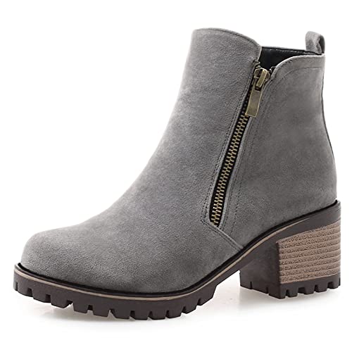 Bviennic Mujer Punta Redonda Botines Tacón Ancho Invierno Moda Plataforma Botines Chelsea Casual Warm Chunky Botines Cremallera Gris Talla 36.5 EU 37Cn