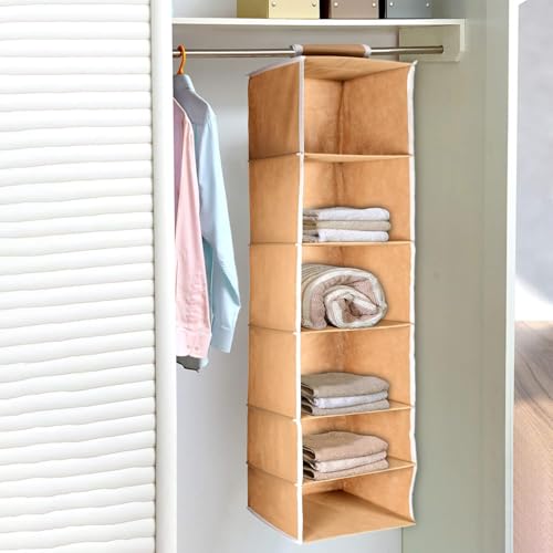 Image of Hanging Closet Organizer for Clothes Storage | Foldable Wardrobe Hanging Storage Rack | Non-Woven Multipurpose Cupboard Organizer for Clothes, Towels & Accessories (Beige, Pack of 2, 6)