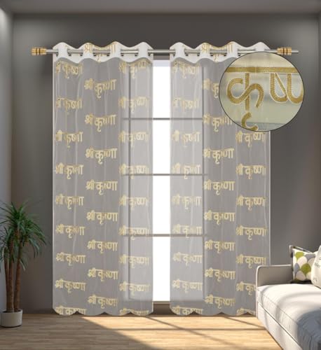 Image of KALIYO Sheer Net Curtains with Shri Krishna Embroidery | Transparent Window Curtain for Living Room, Bedroom & Pooja Room | Ring Eyelet Curtain Panel | 1 Curtain | 8ft