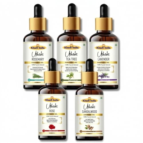 Image of Khadi Utkrisht Premium Essential Oils Combo of 5 - Rosemary, Tea Tree, Lavender, Rose & Sandalwood for Hair Growth, Skin Care & Aromatherapy | 100% Pure Natural Essential Oil Combo for Diffuser & Massage - Pack of 5