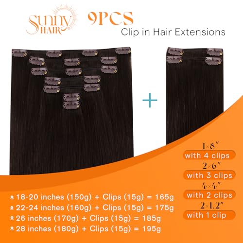 Image of Sunny Hair Clip in Hair Extensions Real Human Hair Dark Brown 24inch 180g | Human Hair Clip in Extensions Dark Brown with Natural Medium-Long Hair, Soft Texture Soft Blend and Full Coverage for Bridal