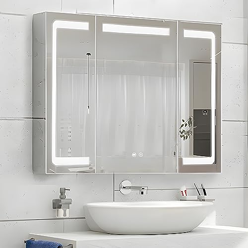 Janboe Stainless Steel LED Medicine Cabinet,Bathroom Mirror Cabinet with Light,3 Color,Dimmable,Equipped with Defogger,USB Shavor Socket,Internal Light,36×32 Inch by Janboe - Used condition - US$341.38