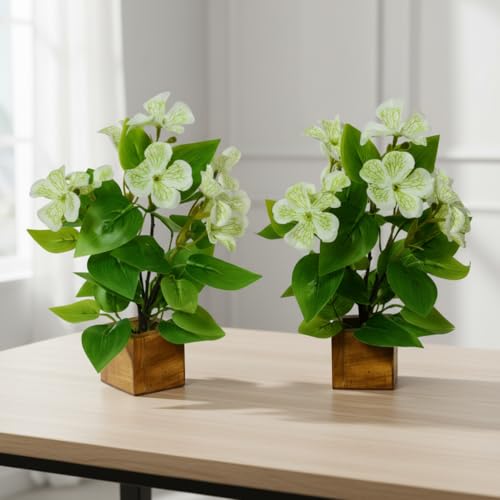 Image of fancymart Artificial Flower Plant Set of 2 with Wooden Pot - 23 cm Height | Real-Touch Faux Floral Decor for Home, Office, Living Room, Bedroom, Desk & Gift Purpose