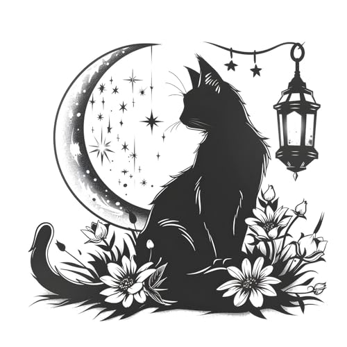 Sticker mural chat en PVC mignon motif lune et fleurs pour décoration murale intérieure