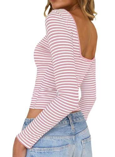 TUUHAW Langarmshirt Damen Gestreiftes Rückenfreies Oberteile Longsleeve U-Boot Ausschnitt Ringelshirt Rosa Weiß Lässige Sexy Tee Shirts Kleidung Slim Fit Schmal Geschnitten Langarm Crop Tops L