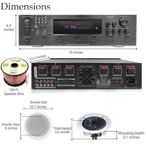 Image of Technical Pro Home Stereo System Kit - 6 Channel 6000 Watts Bluetooth Amplifier w / 6 Qty of 8 inch Framed Ceiling Speakers 300 W Each, 300 ft Speaker Wire & Remote for Living Room, Office, Bar
