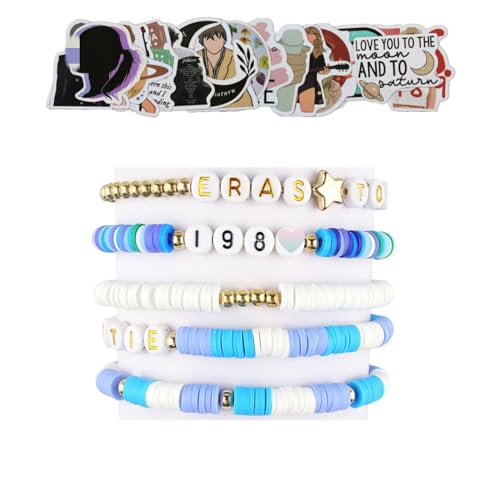 ARZASGO 5 Pcs Friendship Bracelets Singer Inspired Bracelet Set for Women Girls, with 50 Pcs Ts Music Theme Stickers for Decoration (New 5pcs-blue)
