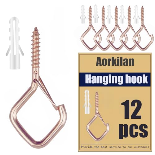 Aorkilan 12-Pack Heavy-Duty Rose Gold Screw Eye Hooks with Safety Clips | Metal Ceiling Hooks for Hanging Plants, Wind Chimes, Bird Feeders & Indoor/Outdoor Lights