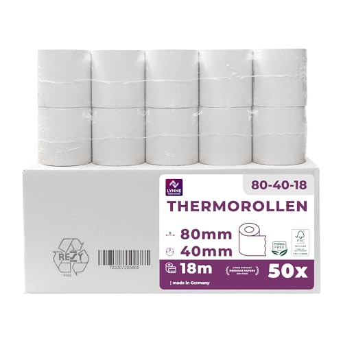 LYNNE   Rollos de Papel Térmico 80x40x12   Para caja registradora con impresora de recibos   Rollo Papel térmico 80mm x 40mm x 18m   sin BPA   (50 rollos)