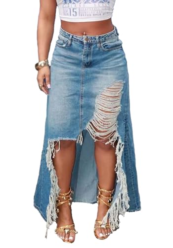 Women's Summer Slit Midi Denim Skirt Casual High Waisted Frayed Distressed Fringe Jean Skirt