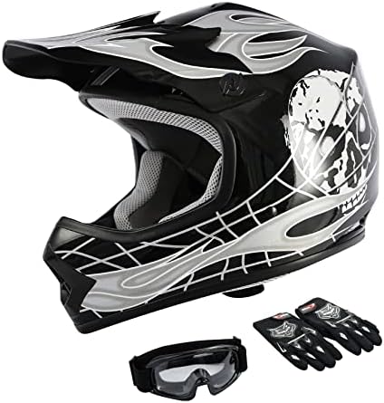 TCMT Dot Youth & Kids Motocross Offroad Street Helmet Black Skull Motorcycle Youth Helmet Dirt Bike Motocross ATV Helmet+Goggles+Gloves L