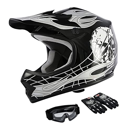 TCMT Dot Youth & Kids Motocross Offroad Street Helmet Black Skull Motorcycle Youth Helmet Dirt Bike Motocross ATV Helmet+Goggles+Gloves S