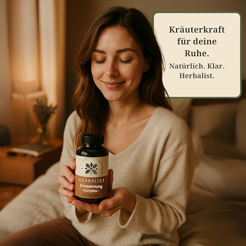 Herbalist Entspannung Komplex – Ashwagandha mit Baldrian, Melisse, Kamille, L- Theanin und Hopfen, 100 vegane Kapseln, ohne Koffein