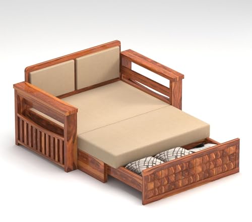 Image of Wooden Sofa Cum Bed | Sheesham Wood Sofa Bed for Living Room | Handmade Heavy Duty Foldable Sofa Cum Bed with Mattress Option | Traditional Modern Design (Allis Honey)