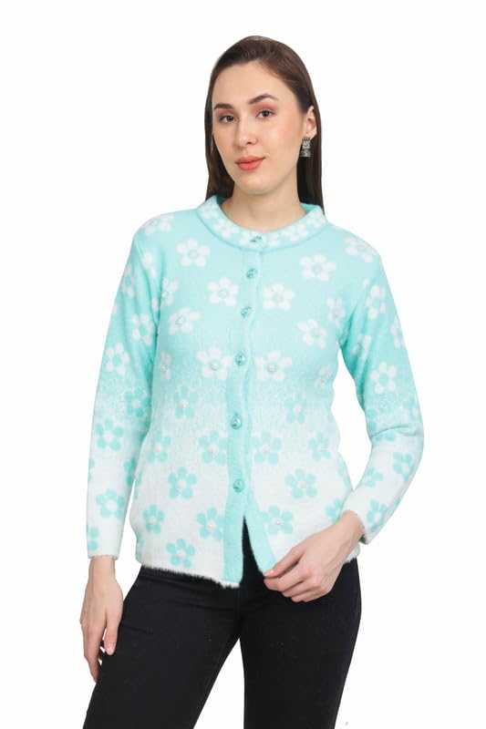 hittika Women's Winterwear Woolen Floral Self Design Cardigan LightBlue-picture-14