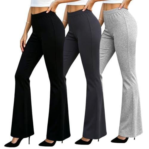 ANYOCEAN 3-Pack Women High-Waisted Flared Leggings Elastic Knit with Tummy Control & Butt Lift Soft Stretchy Workout Yoga Pants for Gym Running Athletic (25A042 3P Black Light Gray Dark Gray M)