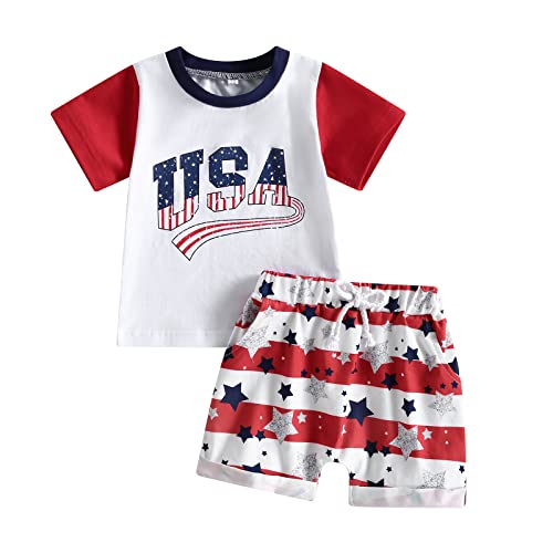 4th of July Baby Boys Outfit American Flag USA Letter Print Shirt and Shorts Set Summer Toddler Infant Boy Clothes (#12 USA-White Red Blue, 6-12 Months)