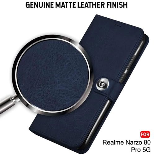 Image of TheGiftKart Flip Cover Back Case for Realme Narzo 80 Pro 5G | Genuine Leather Finish | Designer Button | Inbuilt Pockets & Stand | Wallet Style Flip Back Cover for Narzo 80 Pro (Faux Leather, Blue)