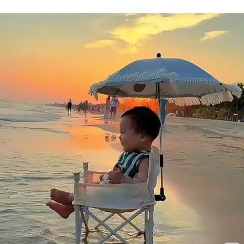 Image of Portable Folding Baby Dining Chair, Outdoor high Chair, Foldable Toddler Feeding seat with Sunshade and seat Belt (Beige Tassel Umbrella)