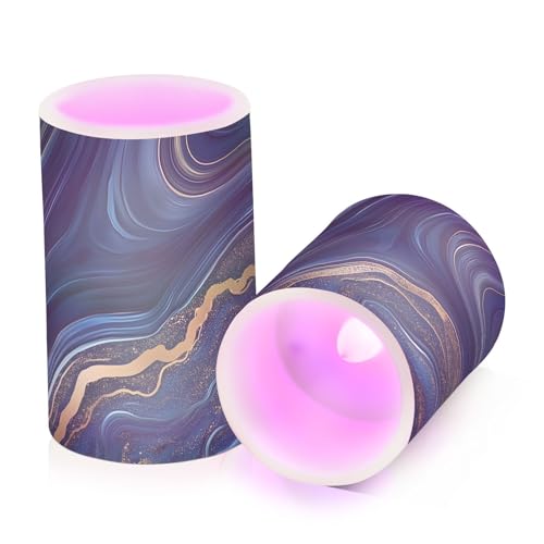 Image of Navy Golden Marble Flickering Flameless Candles LED Battery Operated with Remote Timer Pillar Candles for Home Birthday Wedding Christmas Decor, Set of 2