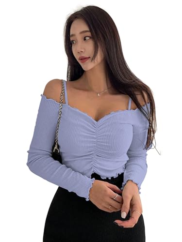 Image of Sugathari Women's Purple Solid Colour Open Cold Off Shoulder Long Sleeve Lettuce Hem Casual Autumn Trim Tight- Slim Fitting Ruched Front Ladies' Camisole Top, Tee, T-Shirt (T-Shirt 184)