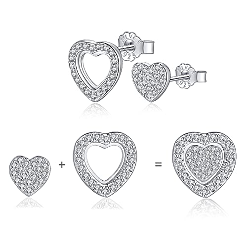 Herz Silber Ohrstecker für Damen, 925 Sterling Silber Hypoallergen Liebe Zirkonia Ohrstecker Ohrringe Set, Silber Klein Schlafen Knorpel Ohrstecker- Größe in 5/9mm Cover