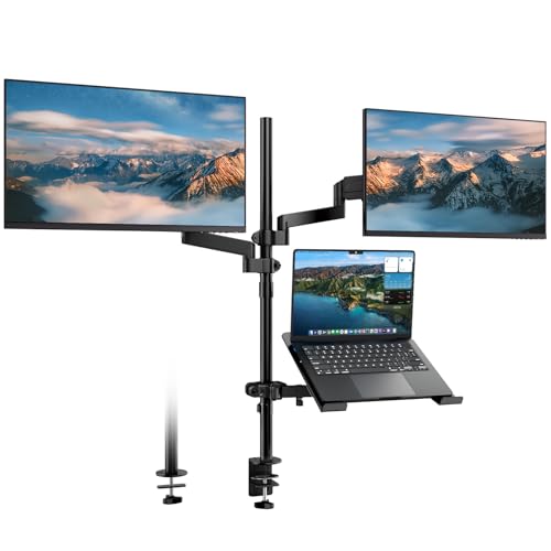 IMtKotW Dual Monitor and Laptop Mount Stand with Extra Long Pole Holds 2 Monitors up to 32 Inch 19.8 lbs Each and 10-17 Inch Laptop Full Motion Adjustable Desk Mount with C Clamp
