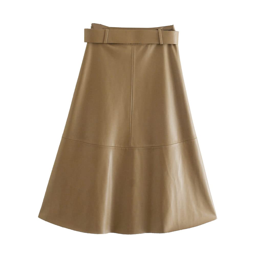 Gonne da Donna,Gonna Longuette da Donna Gonna in Pelle Plissettata Pu A Vita Alta Color Cachi con Cerniera Cintura Autunno A-Line Altalena Gonne Lunghe Moda Increspato per Ragazze Signore,XS