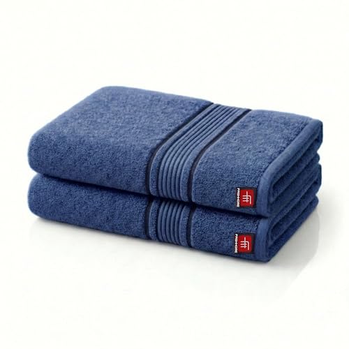 Image of 380 GSM 100% Cotton Highly Absorbent Light Weight Quick Dry Large Couple Bath Towel Set of 2 (Navy Blue)