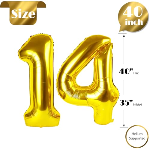 Image of Gold Number 14 Balloon 40 inch, 14 Number Balloons, 14th Gold Birthday Decorations, 14 Year Old Golden Party Supplies