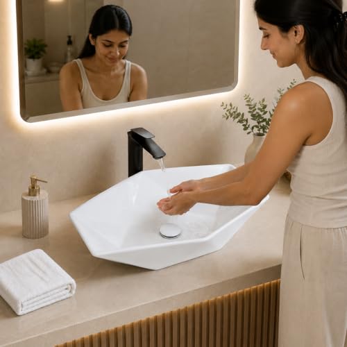 Image of QUALITO White Table Top Wash Basin for Bathroom, Living Room, Hall, Dinning Room | Countertop /Over Counter Ceramic Vessel Sink /Basin | Glossy Finish Table Top Wash Basin (Diamond)