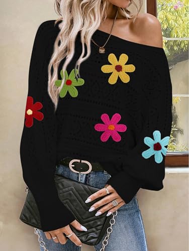 Image of Cakulo Womens Off Shoulder Crochet Sweater Top 2025 Fall Fashion Batwing Long Sleeve Sweaters Outfits Flower Black S