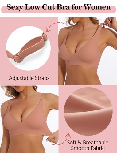 Image of Deep V Bra Wireless Sexy Push Up Bralette Padded Seamless Jelly Bra | Low Cut Plunge V-Neck, Wide Straps, Back Smoothing, Bras for Women No Underwire, Soft Comfortable Bralettes