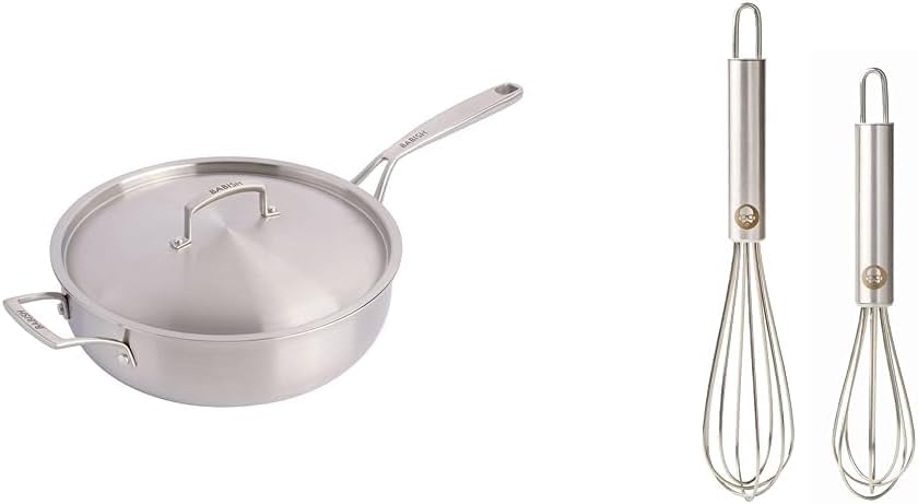 Babish Tri-Ply Stainless Steel Professional Grade Saute Pan w/Lid, 5-Quart & 2-Piece (5” and 7”) Stainless Steel Tiny Whisk Set