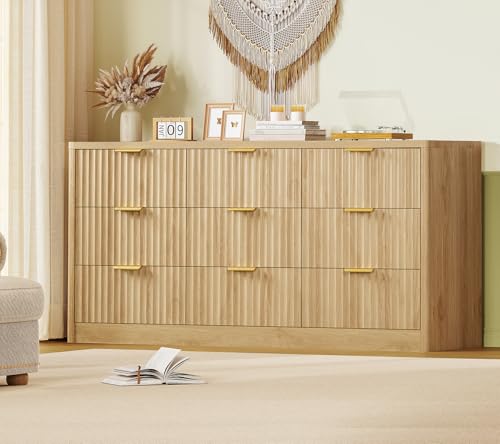 Image of TEENFON 63 inch Dresser for Bedroom with 9 Drawers, Modern Dressers & Chest of Drawers with Metal Handles, Fluted Dresser, Wood Closet Clothes Storage Organizer for Living Room, Hallway, Natural