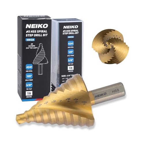 Image of NEIKO 10612A Step Drill Bit, 10 Steps 1 /4 inch to 1-3 /8 inch Spiral High Speed Steel, Titanium Nitride Coated, 3 /8 inch Tri Flat Step Bits for Steel, Metal, Wood, Plastic, Unibit Cone Drill Bits, Two Flute