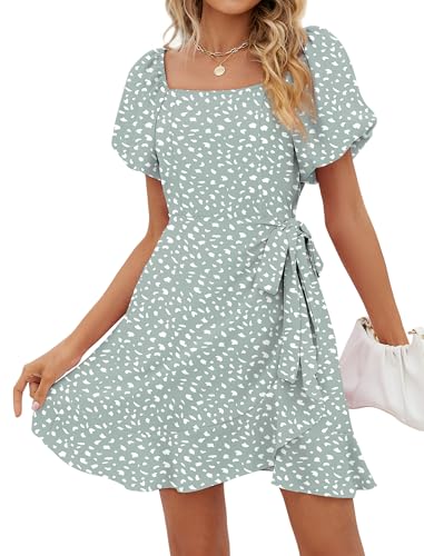 Image of Sampeel Womens Summer Dresses Square Neck Puff Sleeve Tie Waist Short Dress