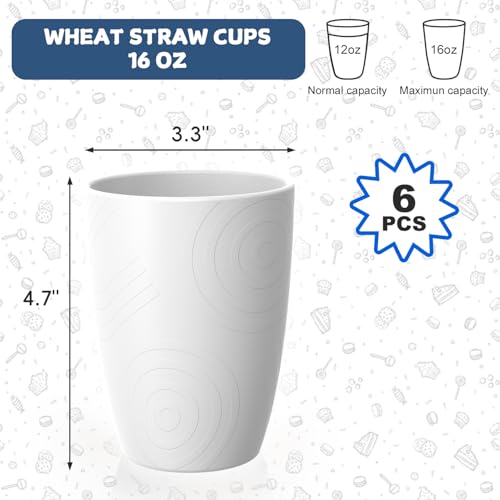 Image of Wheat Straw Cups 16 oz, 6 PCS Unbreakable White kitchen Cups Set