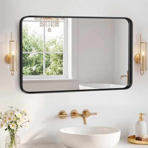 Image of NEWBULIG 24 inchx36 inch Wall Mirror, Bathroom Mirrors for Over Sink, Black | Matte Metal Framed Vanity Mirror with Tempered Glass, Entryway, Living Room, Bedroom