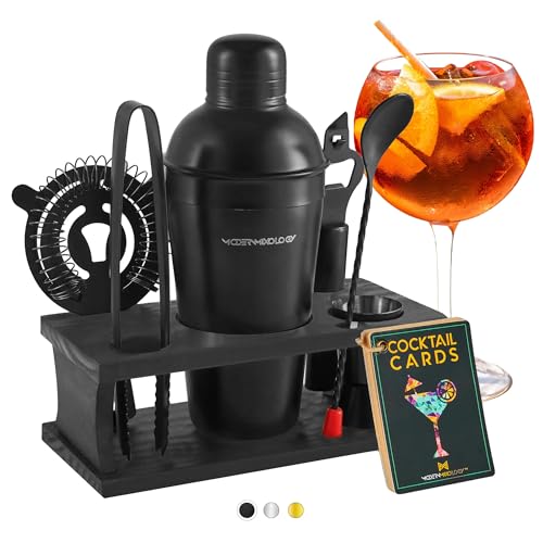 Modern Mixology Cocktail Shaker Set - Bartender Kit with Pine Stand | Leak-Proof Design | Includes Martini Shaker, Jigger, Strainer, Spoon, Tongs | Perfect Bar Tools Gift for Home Mixology (Black)